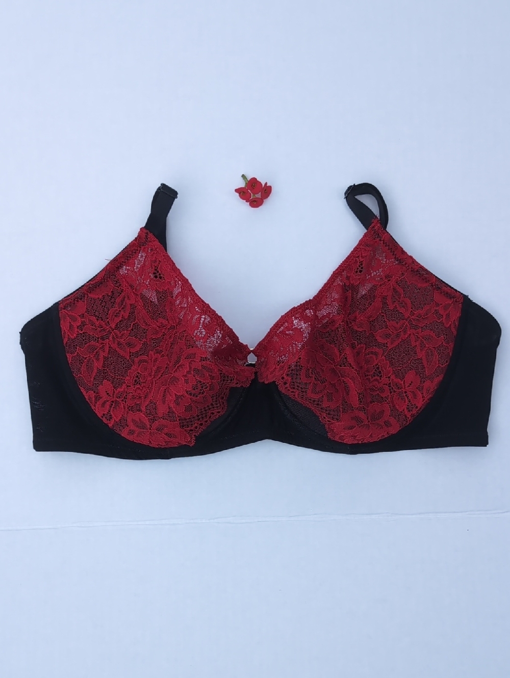 Adore Me Red Lace Underwire Bra with Black Base Size 36DD